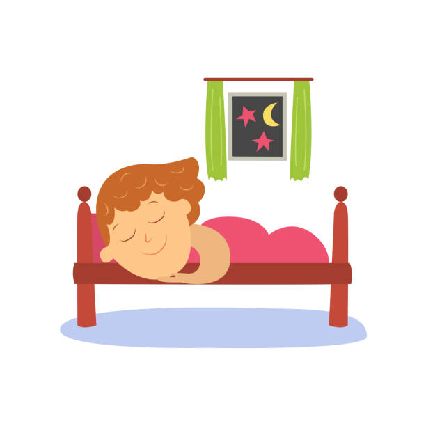 stockillustraties, clipart, cartoons en iconen met vector platte meisje slaapt in haar bed onder deken - baby slaapzak