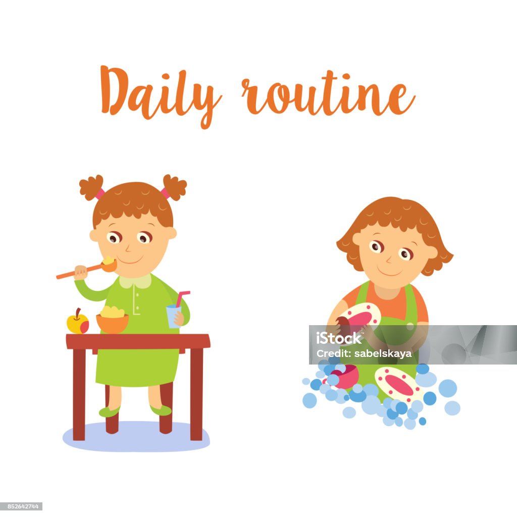 Simple Cartoon Making One Routine Vector Flat Cartoon Kid Doing Routine Activity Set Stock Illustration ...