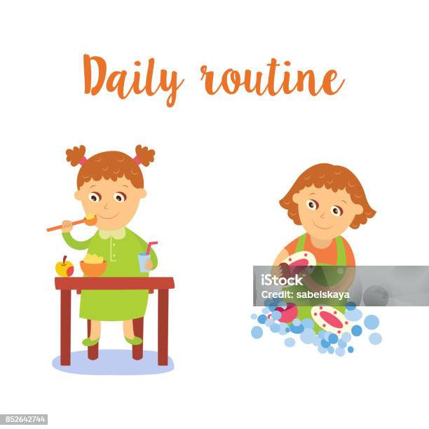 Learning Packets And Routine Cartoon Vector Flat Cartoon Kid Doing Routine Activity Set Stock Illustration ...