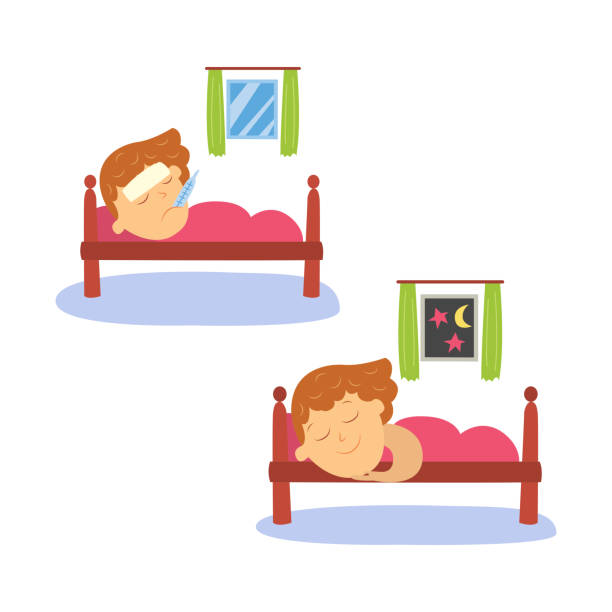 stockillustraties, clipart, cartoons en iconen met vector platte cartoon kind doen routineactiviteiten set - baby slaapzak