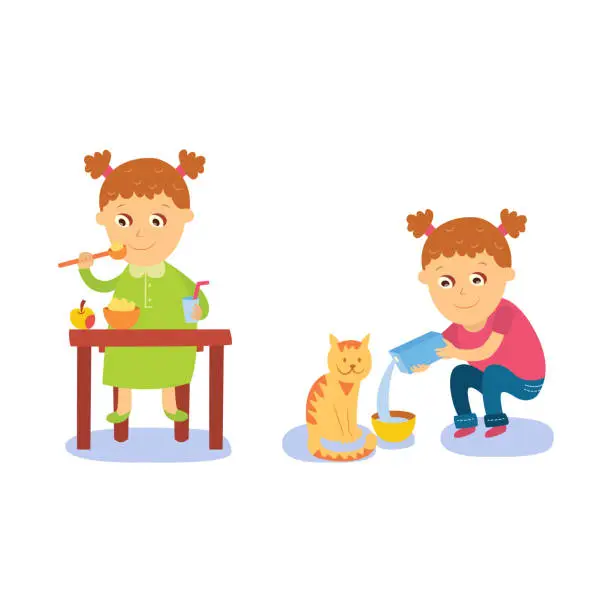 Vector illustration of Girl having breakfast and pouring milk to her cat