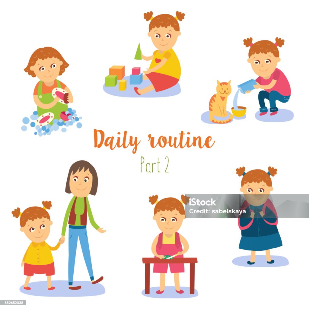 Cartoon Doable Routine Vector Flat Cartoon Kid Doing Routine Activity Set Stock Illustration ...