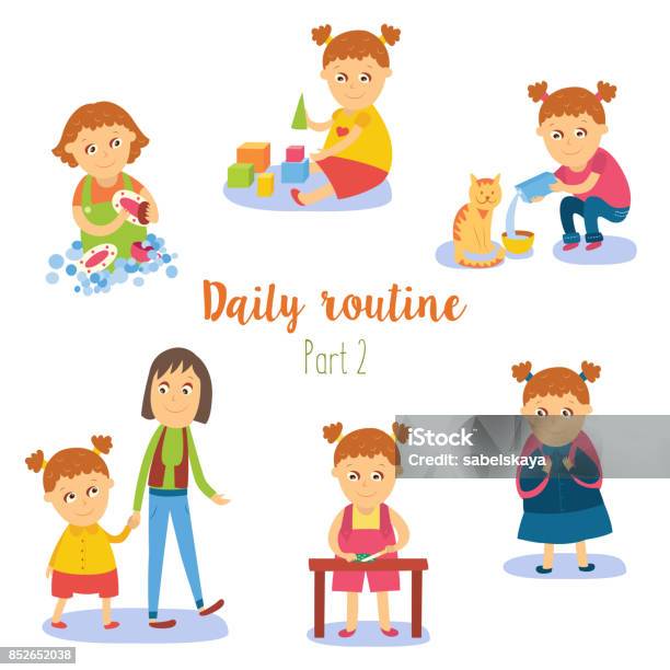 Pre Performance Routine Cartoon Vector Flat Cartoon Kid Doing Routine Activity Set Stock Illustration ...