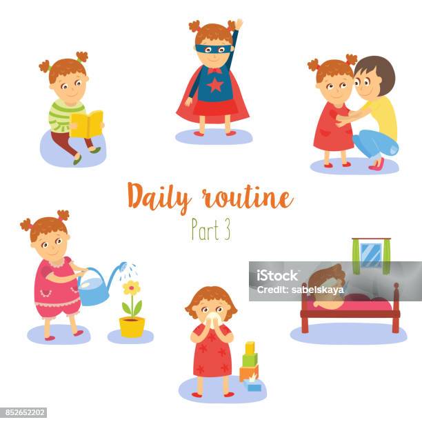Cartoon Doable Routine Vector Flat Cartoon Kid Doing Routine Activity Set Stock Illustration ...