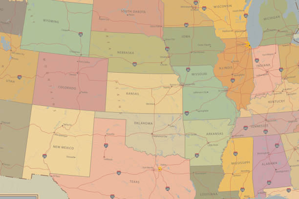 미국의 매우 상세한 지도입니다. 고속도로 및 인구 지도 - cartography map retro revival usa stock illustrations