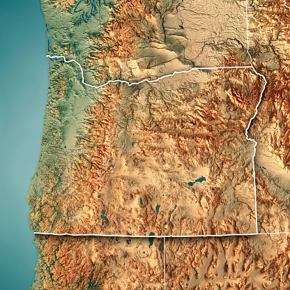 Frontera de los E.e.u.u. estado de Oregon Render 3D mapa topográfico photo