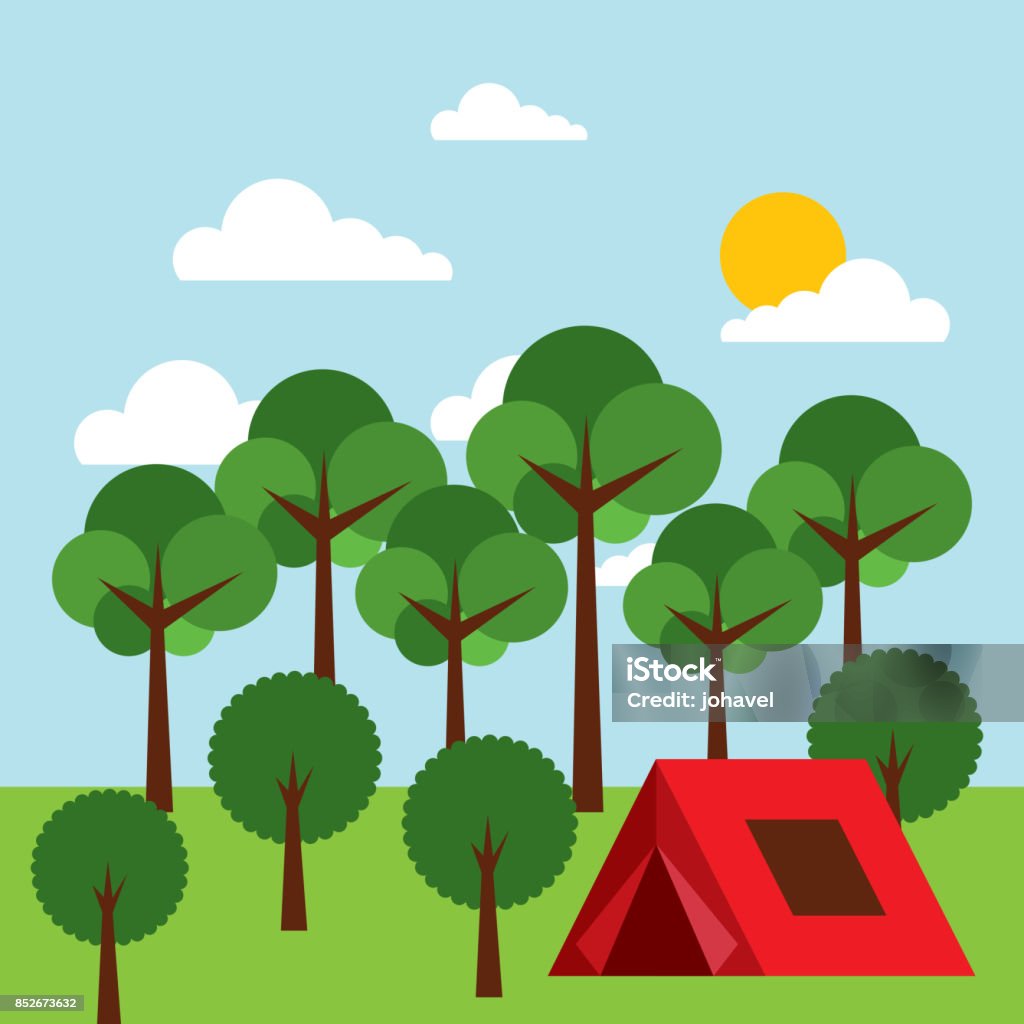 Camp Tree Vector Forest Outdoor Camp Tent Tree Sky Sun Stock Illustration - Download ...