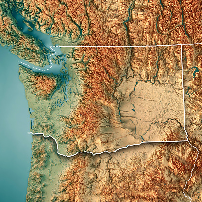 3D Render of a Topographic Map of the State of Washington, USA.
All source data is in the public domain.
Color texture: Made with Natural Earth. 
http://www.naturalearthdata.com/downloads/10m-raster-data/10m-cross-blend-hypso/
Boundaries Level 1: USGS, National Map, National Boundary Data.
https://viewer.nationalmap.gov/basic/#productSearch
Relief texture and Rivers: SRTM data courtesy of USGS. URLs of source images: 
https://e4ftl01.cr.usgs.gov//MODV6_Dal_D/SRTM/SRTMGL1.003/2000.02.11/N48E122.SRTMGL1.2.jpg
https://e4ftl01.cr.usgs.gov//MODV6_Dal_D/SRTM/SRTMGL1.003/2000.02.11/N48E121.SRTMGL1.2.jpg
https://e4ftl01.cr.usgs.gov//MODV6_Dal_D/SRTM/SRTMGL1.003/2000.02.11/N47E121.SRTMGL1.2.jpg
Water texture: SRTM Water Body SWDB:
https://dds.cr.usgs.gov/srtm/version2_1/SWBD/