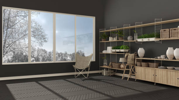 istock Eco gray interior design with wooden bookshelf, diy vertical garden storage shelving, panoramic window with winter garden, mountain panorama 852679334