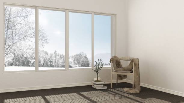 istock Empty room with wooden chair with fur couch and large window with panoramic view, winter mountains, snow, interior design 852684448