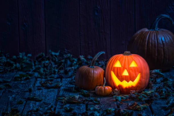 Smiling Jack O' Lantern on old wooden porch in the moon light A glowing smiling Jack O' Lantern sitting on an old weathered wooden deck under the blue moon light. There are various size pumpkins and gourds sitting within the Fall leaves with a barn wall in the background. jack o lantern photos stock pictures, royalty-free photos & images