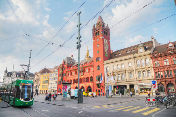 BASEL - AUGUST 25: Marktplatz with the Rathaus on August 25, 2017 in Basel, Switzerland.