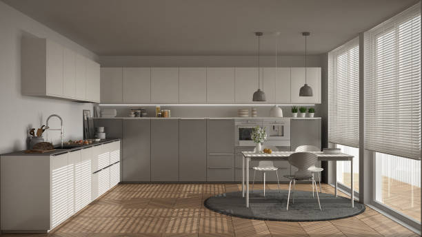 istock Modern kitchen with table and chairs, big windows and herringbone parquet floor, white minimalist interior design 852695252