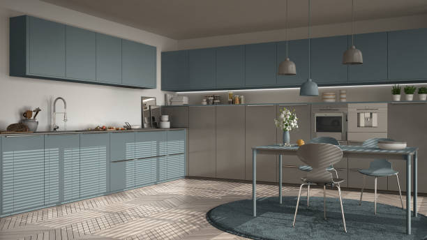 istock Modern kitchen with table and chairs, big windows and herringbone parquet floor, white and air force blue minimalist interior design 852697246