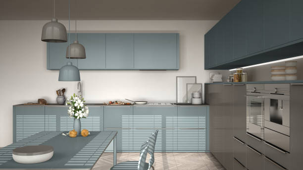 istock Modern kitchen with table and chairs, herringbone parquet floor, white and air force blue minimalist interior design 852697364