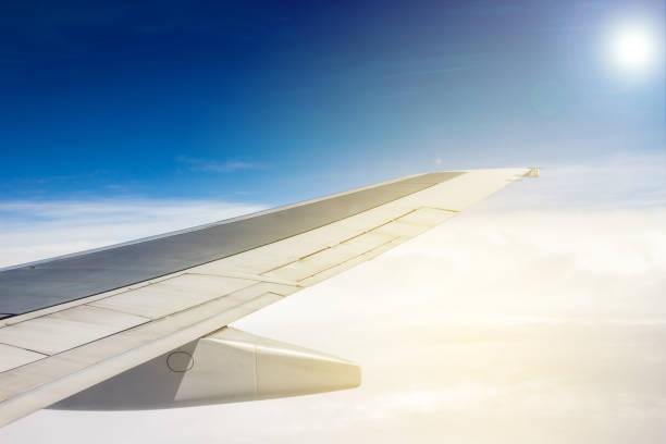 istock Looking through window aircraft during flight in wing with a nice blue sky 852697636