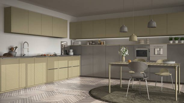 istock Modern kitchen with table and chairs, big windows and herringbone parquet floor, white and khaki yellow minimalist interior design 852699730