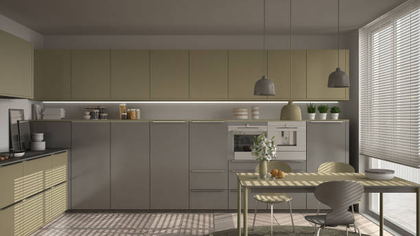 istock Modern kitchen with table and chairs, big windows and herringbone parquet floor, white and khaki yellow minimalist interior design 852699792