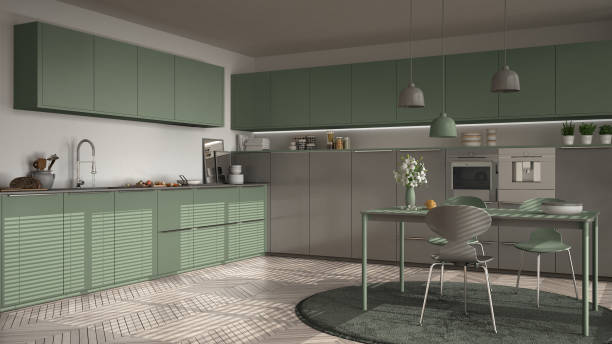 istock Modern kitchen with table and chairs, big windows and herringbone parquet floor, white and myrtle green minimalist interior design 852700306