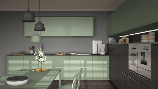 istock Modern kitchen with table and chairs, herringbone parquet floor, gray and myrtle green minimalist interior design 852700586