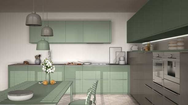istock Modern kitchen with table and chairs, herringbone parquet floor, white and myrtle green minimalist interior design 852700636