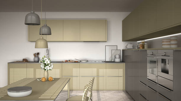 istock Modern kitchen with table and chairs, herringbone parquet floor, white and khaki yellow minimalist interior design 852700674