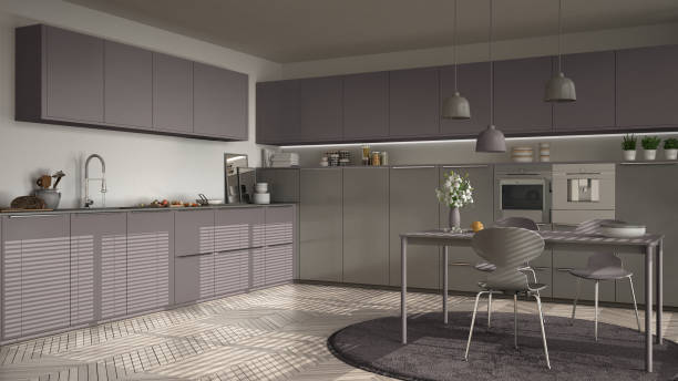 istock Modern kitchen with table and chairs, big windows and herringbone parquet floor, white and violet red minimalist interior design 852701006