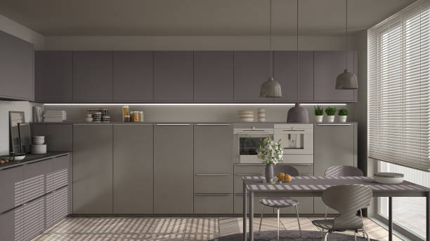 istock Modern kitchen with table and chairs, big windows and herringbone parquet floor, white and violet red minimalist interior design 852701056