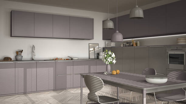 istock Modern kitchen with table and chairs, big windows and herringbone parquet floor, white and violet red minimalist interior design 852701112