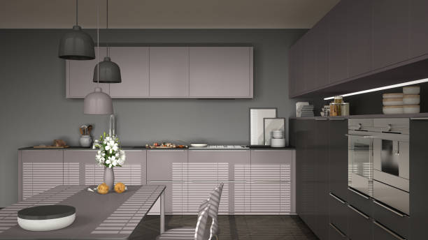 istock Modern kitchen with table and chairs, herringbone parquet floor, gray and violet red minimalist interior design 852701282