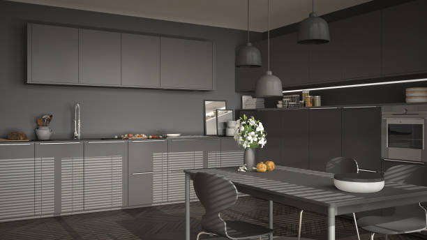 istock Modern kitchen with table and chairs, big windows and herringbone parquet floor, gray minimalist interior design 852701494