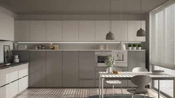 istock Modern kitchen with table and chairs, big windows and herringbone parquet floor, white and gray minimalist interior design 852701544