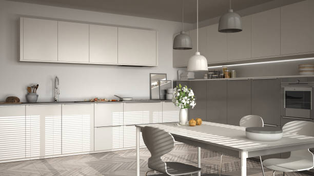 istock Modern kitchen with table and chairs, big windows and herringbone parquet floor, white and gray minimalist interior design 852703188
