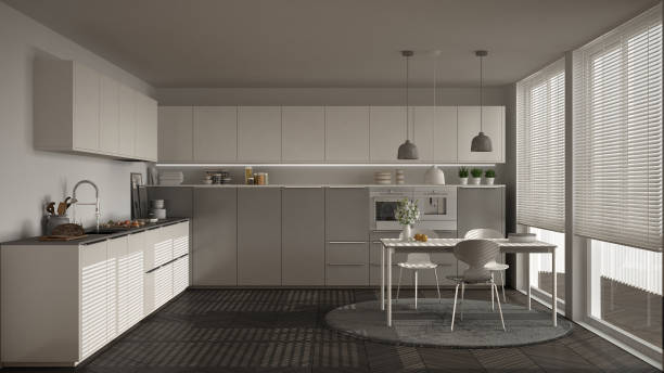 istock Modern kitchen with table and chairs, big windows and herringbone parquet floor, white and gray minimalist interior design 852703804