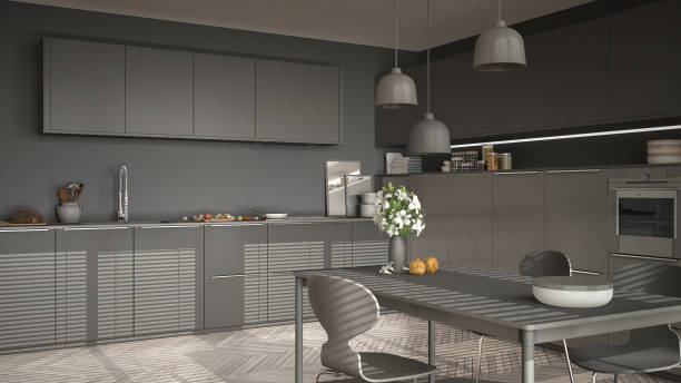 istock Modern kitchen with table and chairs, big windows and herringbone parquet floor, white and gray minimalist interior design 852705002