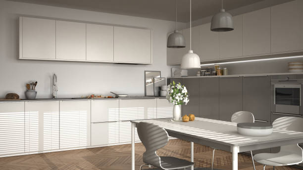 istock Modern kitchen with table and chairs, big windows and herringbone parquet floor, white and gray minimalist interior design 852705914