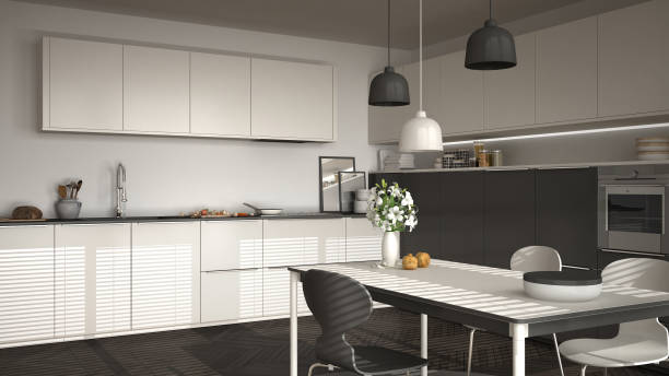 istock Modern kitchen with table and chairs, big windows and herringbone parquet floor, white and gray minimalist interior design 852706008
