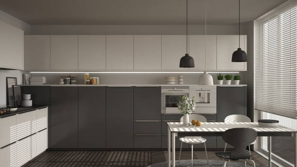 istock Modern kitchen with table and chairs, big windows and herringbone parquet floor, white and gray minimalist interior design 852706042