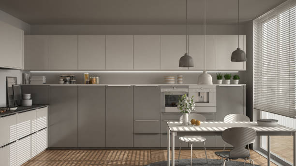 istock Modern kitchen with table and chairs, big windows and herringbone parquet floor, white and gray minimalist interior design 852706260