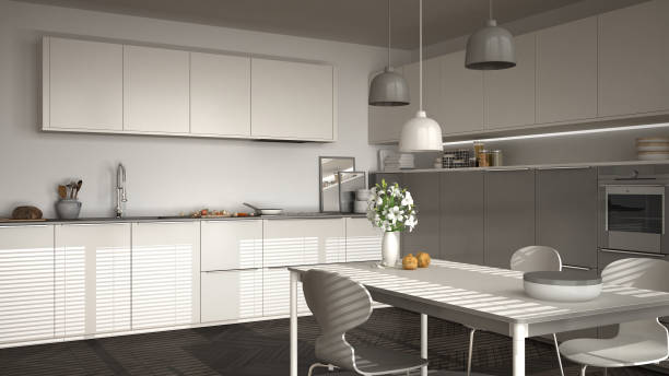 istock Modern kitchen with table and chairs, big windows and herringbone parquet floor, white and gray minimalist interior design 852706312