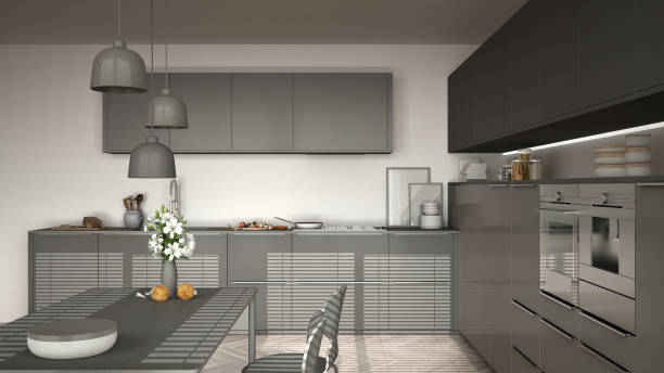 istock Modern kitchen with table and chairs, herringbone parquet floor, white and gray minimalist interior design 852706660