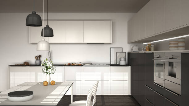 istock Modern kitchen with table and chairs, herringbone parquet floor, white and gray minimalist interior design 852706752