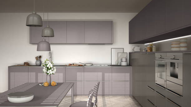 istock Modern kitchen with table and chairs, herringbone parquet floor, white and violet red minimalist interior design 852706924