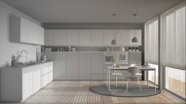 istock Unfinished project of modern kitchen with table and chairs, big windows and herringbone parquet floor, white minimalist interior design 852707340