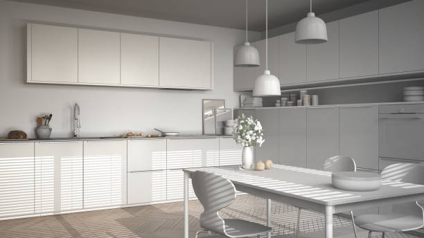 istock Unfinished project of modern kitchen with table and chairs, herringbone parquet floor, white minimalist interior design 852707406