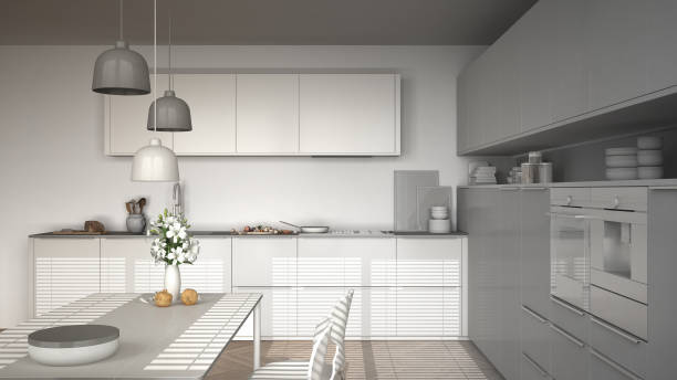 istock Unfinished project of modern kitchen with table and chairs, herringbone parquet floor, white minimalist interior design 852707466