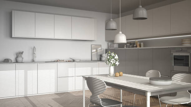 istock Unfinished project of modern kitchen with table and chairs, herringbone parquet floor, white minimalist interior design 852707516