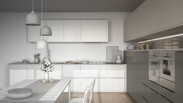 Unfinished project of modern kitchen with table and chairs, herringbone parquet floor, white minimalist interior design