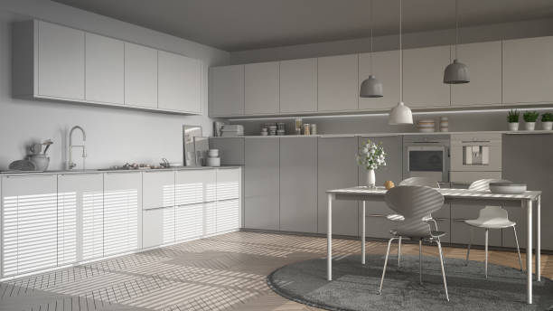 istock Unfinished project of modern kitchen with table and chairs, herringbone parquet floor, white minimalist interior design 852707660