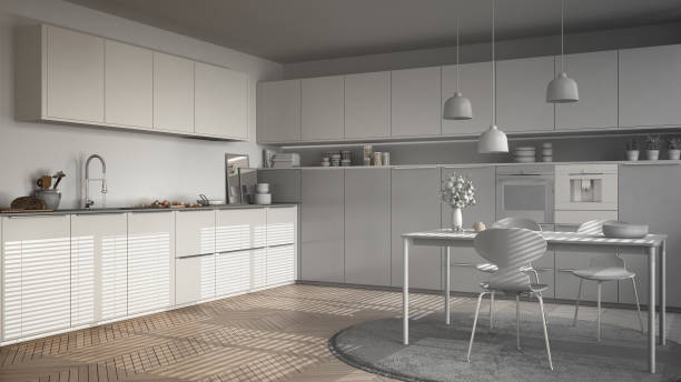 istock Unfinished project of modern kitchen with table and chairs, herringbone parquet floor, white minimalist interior design 852707742